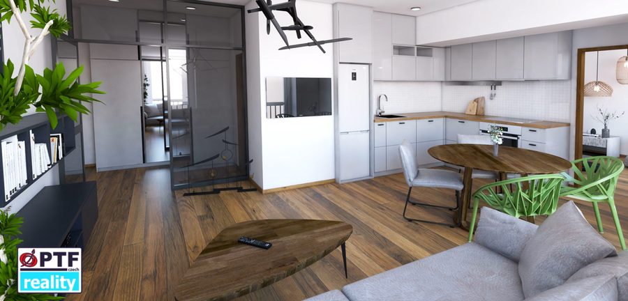 Vizualizace apartmánu 1+kk — obytný prostor s kuchyňským koutem a jídelním stolem