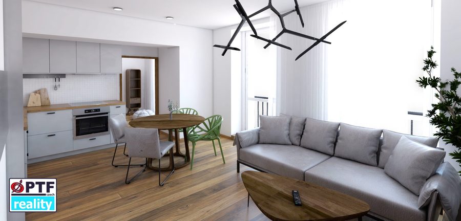 Vizualizace apartmánu 1+kk — kuchyňská linka a jídelní stůl s pohovkou