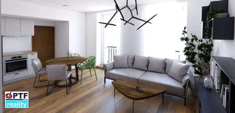 Vizualizace apartmánu 1+kk — kuchyňský kout s troubou a jídelní částí