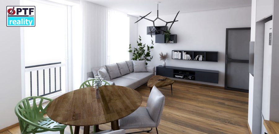 Vizualizace apartmánu 1+kk — jídelní stůl a televizní stěna
