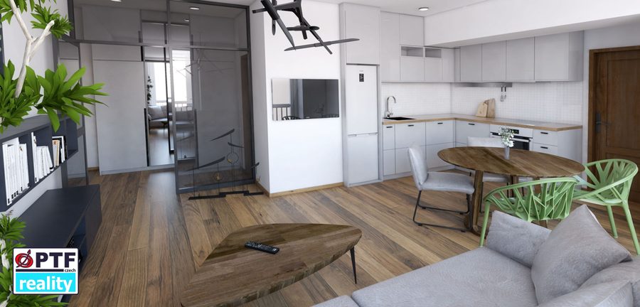 Vizualizace apartmánu 1+kk — pohled do obytného prostoru s kuchyní