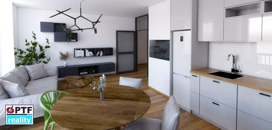 Vizualizace apartmánu 1+kk — jídelní stůl a kuchyňská linka