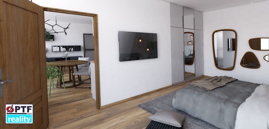 Vizualizace apartmánu 1+kk — spací část, pohled ze vstupních dveří