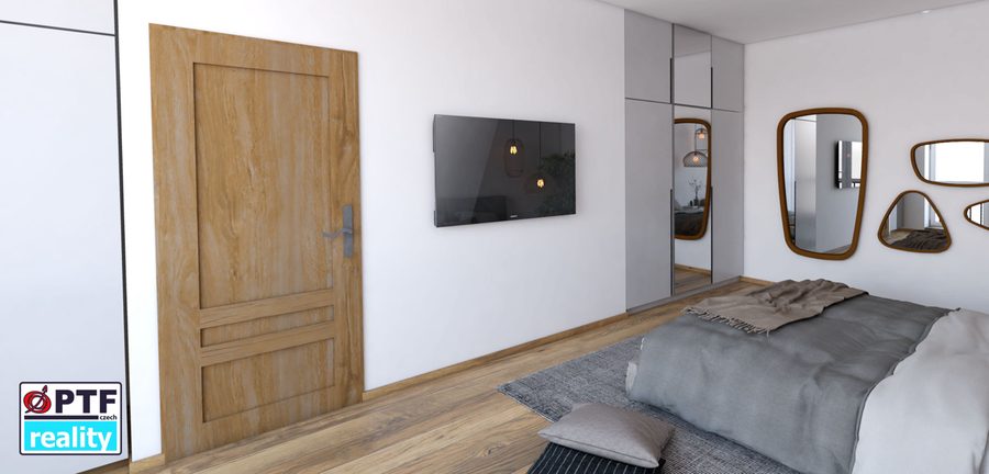 Vizualizace apartmánu 1+kk — spací část s postelí a zrcadly