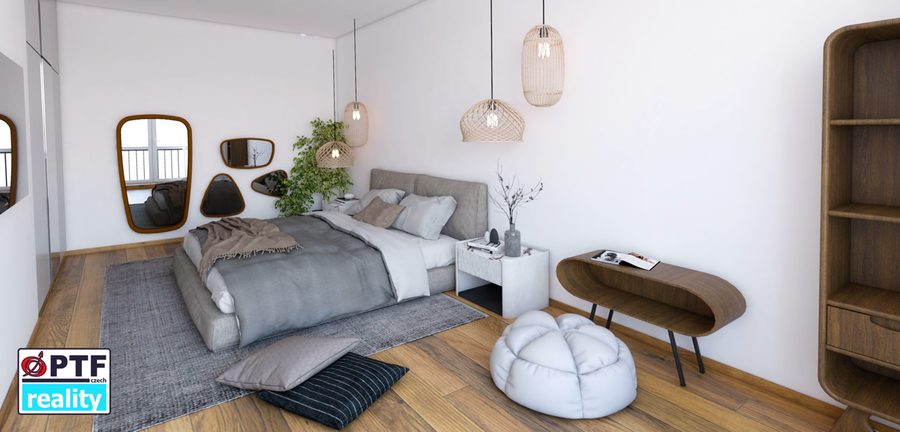Vizualizace apartmánu 1+kk — spací část s postelí a policemi