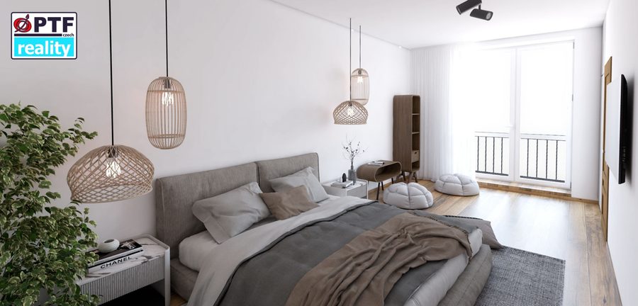 Vizualizace apartmánu 1+kk — spací část s oknem