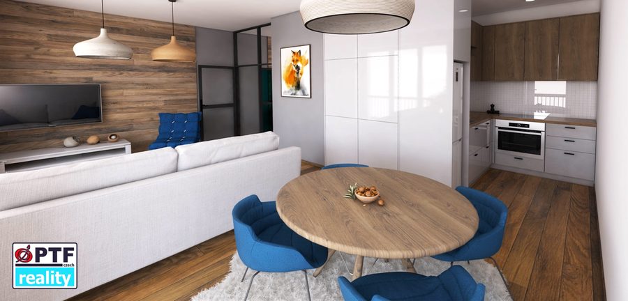 Vizualizace apartmánu 2+kk — obytný prostor s jídelním stolem a kuchyní