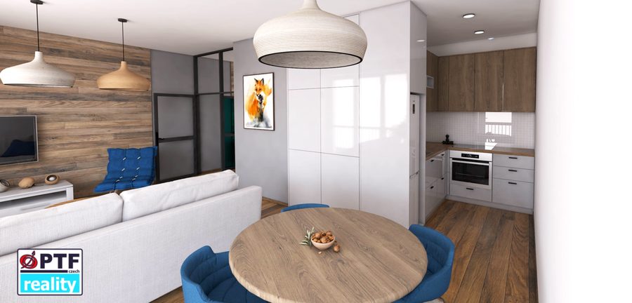 Vizualizace apartmánu 2+kk — jídelní stůl a kuchyňská linka