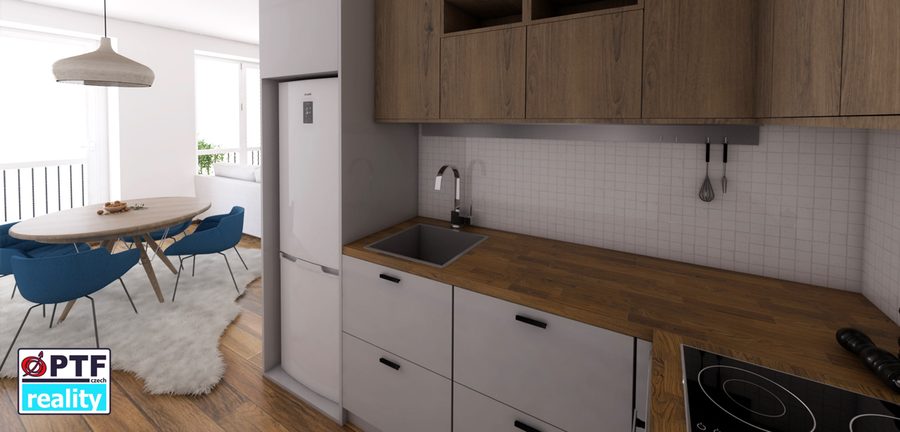 Vizualizace apartmánu 2+kk — kuchyňská linka s dřevěnými horními skříňkami