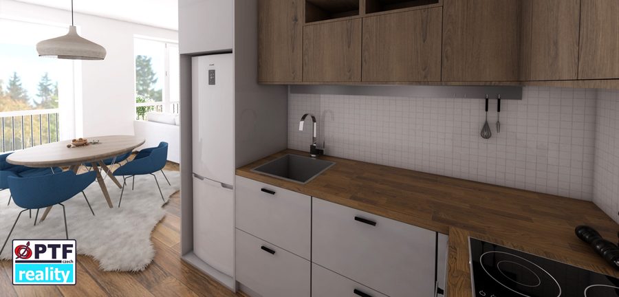 Vizualizace apartmánu 2+kk — kuchyňská linka s varnou deskou a oknem