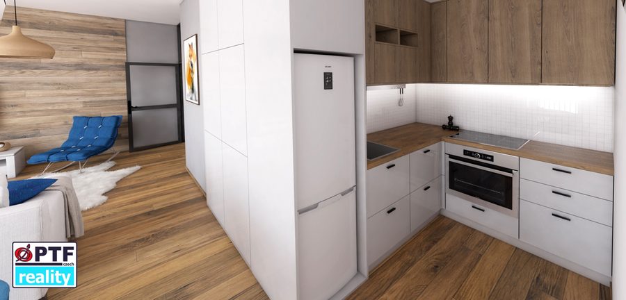 Vizualizace apartmánu 2+kk — kuchyňský kout s troubou a lednicí