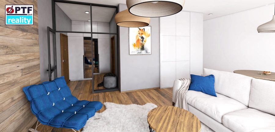 Vizualizace apartmánu 2+kk — obytný prostor s pohovkou a křeslem