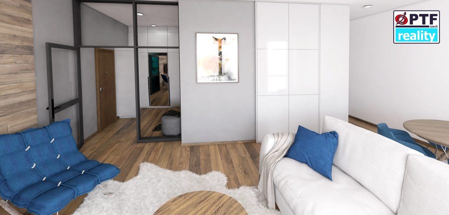 Vizualizace apartmánu 2+kk — obytný prostor s prosklenou příčkou