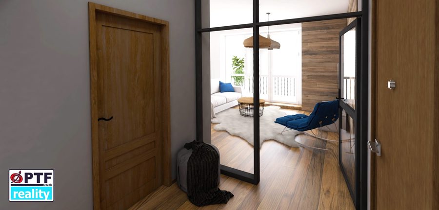 Vizualizace apartmánu 2+kk — vstupní chodba s prosklenou příčkou
