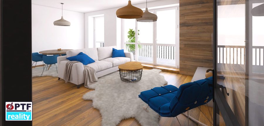 Vizualizace apartmánu 2+kk — obytný prostor s výhledem na balkon