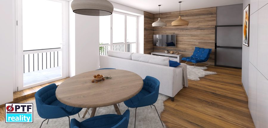 Vizualizace apartmánu 2+kk — obytný prostor s jídelním stolem u okna