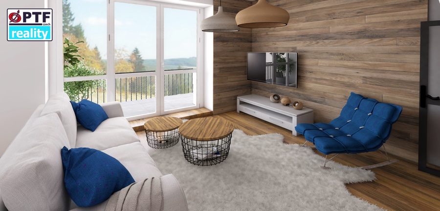 Vizualizace apartmánu 2+kk — obytný prostor s televizní stěnou a výhledem