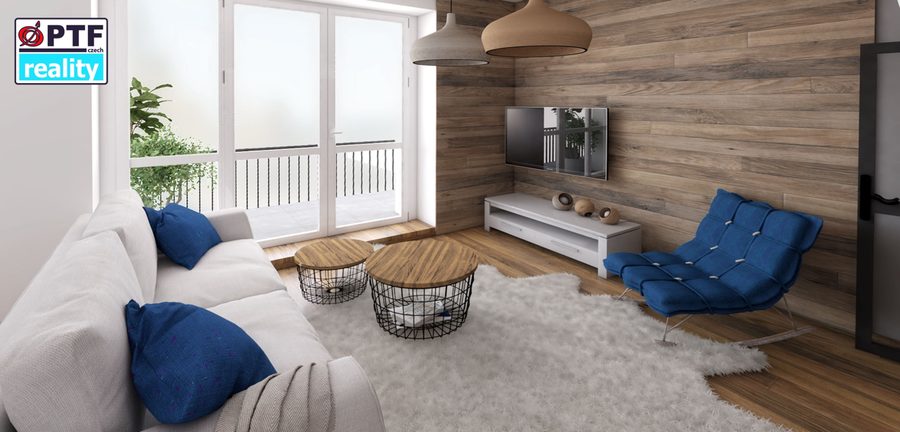 Vizualizace apartmánu 2+kk — obytný prostor s pohovkou a televizní stěnou