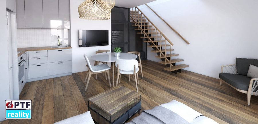 Vizualizace apartmánu 3+kk — kuchyňská linka, jídelní stůl a schodiště