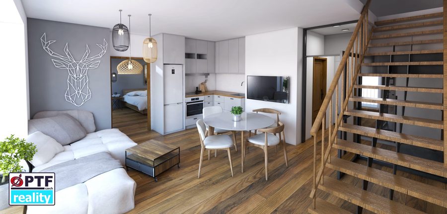Vizualizace apartmánu 3+kk — obytný prostor s pohovkou, kuchyní a schodištěm