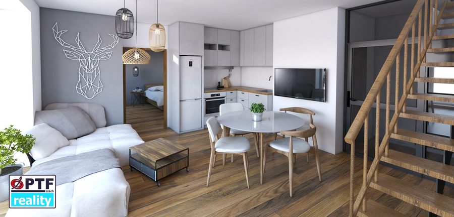 Vizualizace apartmánu 3+kk — pohled na kuchyň a schodiště na galerii
