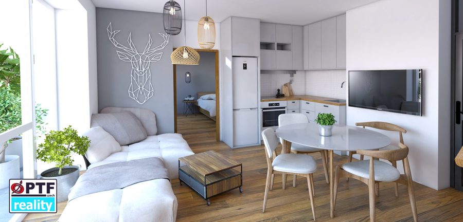Vizualizace apartmánu 3+kk — obytný prostor s pohovkou a jídelním stolem