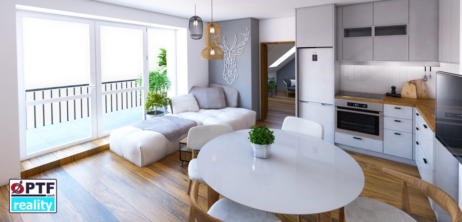 Vizualizace apartmánu 3+kk — obytný prostor s prosklenou stěnou na balkon