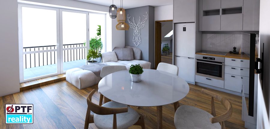 Vizualizace apartmánu 3+kk — jídelní stůl u prosklené stěny