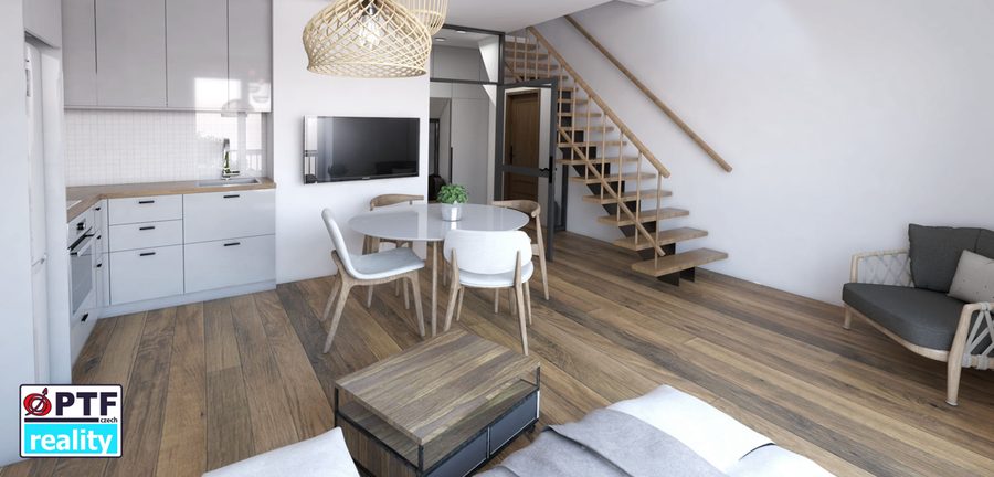 Vizualizace apartmánu 3+kk — obytný prostor se schodištěm a kuchyní