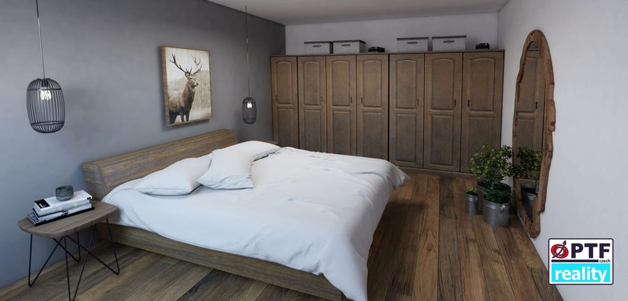 Vizualizace apartmánu 3+kk — ložnice s vestavěnými skříněmi