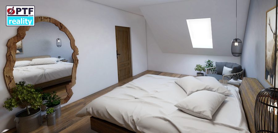 Vizualizace apartmánu 3+kk — ložnice v podkroví se zrcadlem