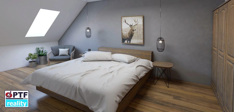 Vizualizace apartmánu 3+kk — ložnice v podkroví s postelí a křeslem