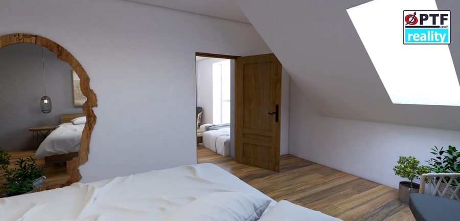 Vizualizace apartmánu 3+kk — ložnice v podkroví, pohled ke dveřím