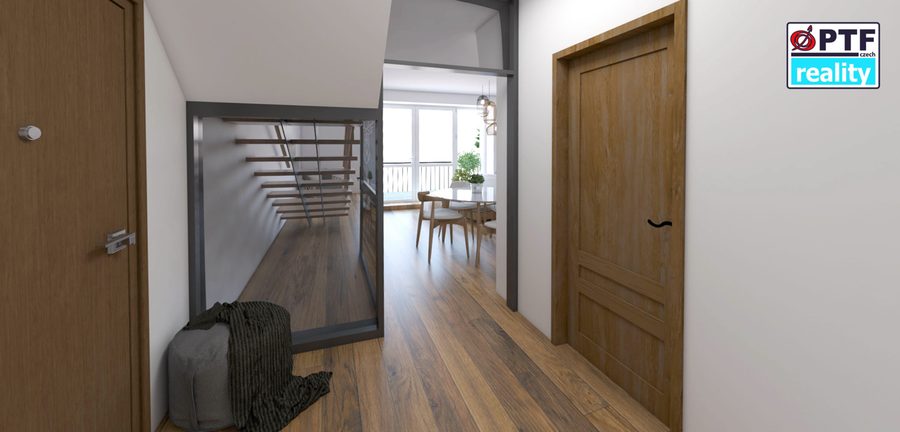 Vizualizace apartmánu 3+kk — chodba se schodištěm a dveřmi do pokojů