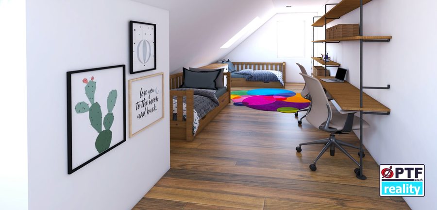 Vizualizace apartmánu 3+kk — dětský pokoj s pracovním stolem
